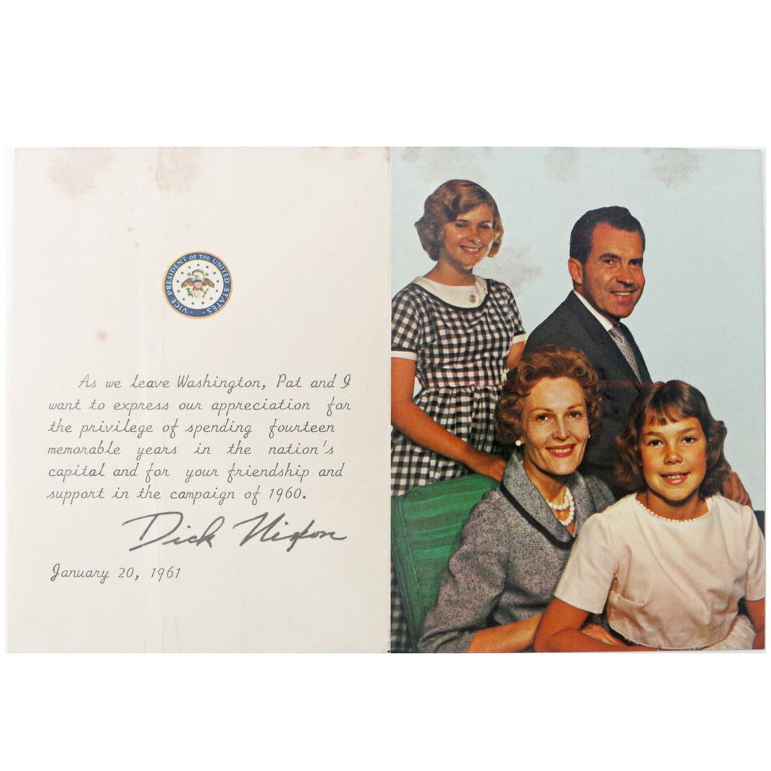 1961 Richard Nixon Farewell Card - Vice Presidential Office Mailing: Identification American political ephemera, printed farewell card issued by the Office of the Vice President, Washington, January 1961, associated with Richard Nixon at the conclusion of his vice pres