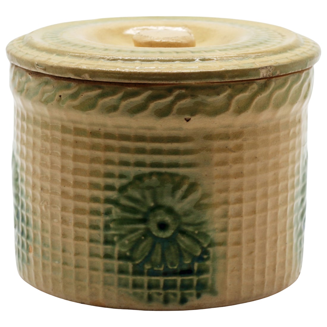 Yellowware Butter Crock With Lid Daisy Trellis Pattern (1 of 9)