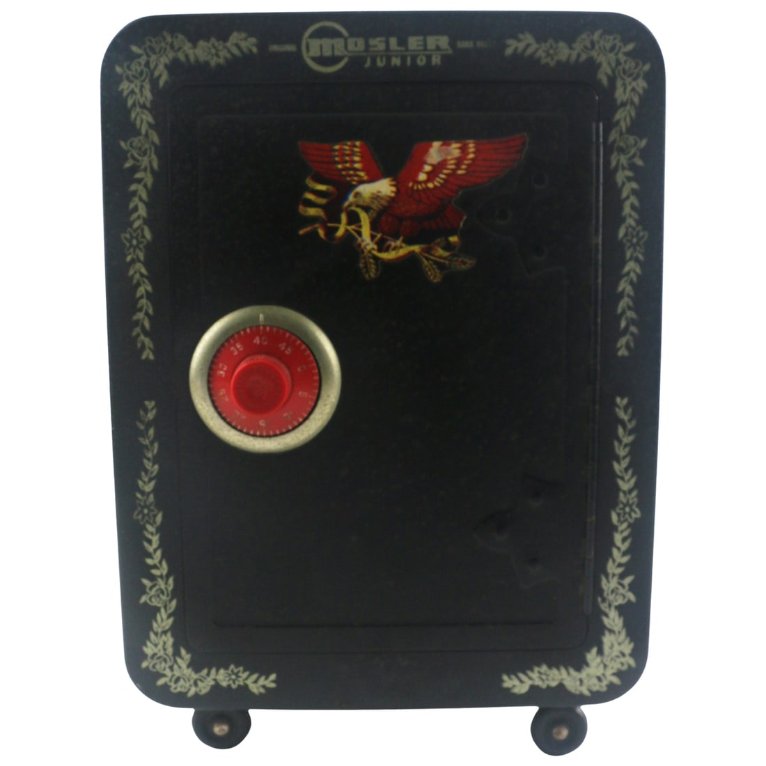 Mosler Junior Toy Safe Metal Bank: Identification Mosler Safe Company "Junior" toy safe bank in painted metal, mid 20th century, American. Rectangular form with rounded corners, coin slot top, and front-mounted red combination-style di