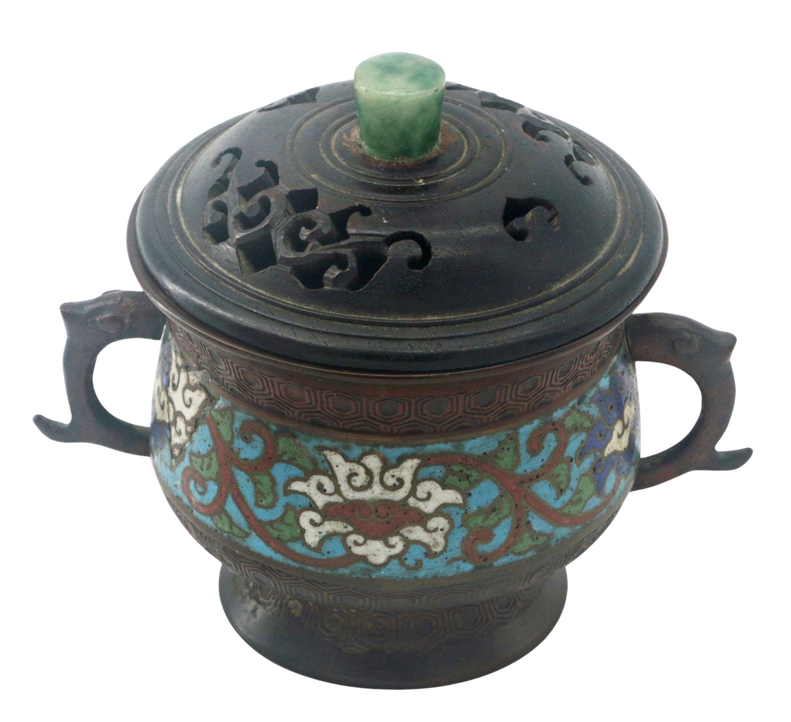 Chinese Style Champleve Enamel Incense Burner with Pierced Lid and Stone Knob (1 of 6)