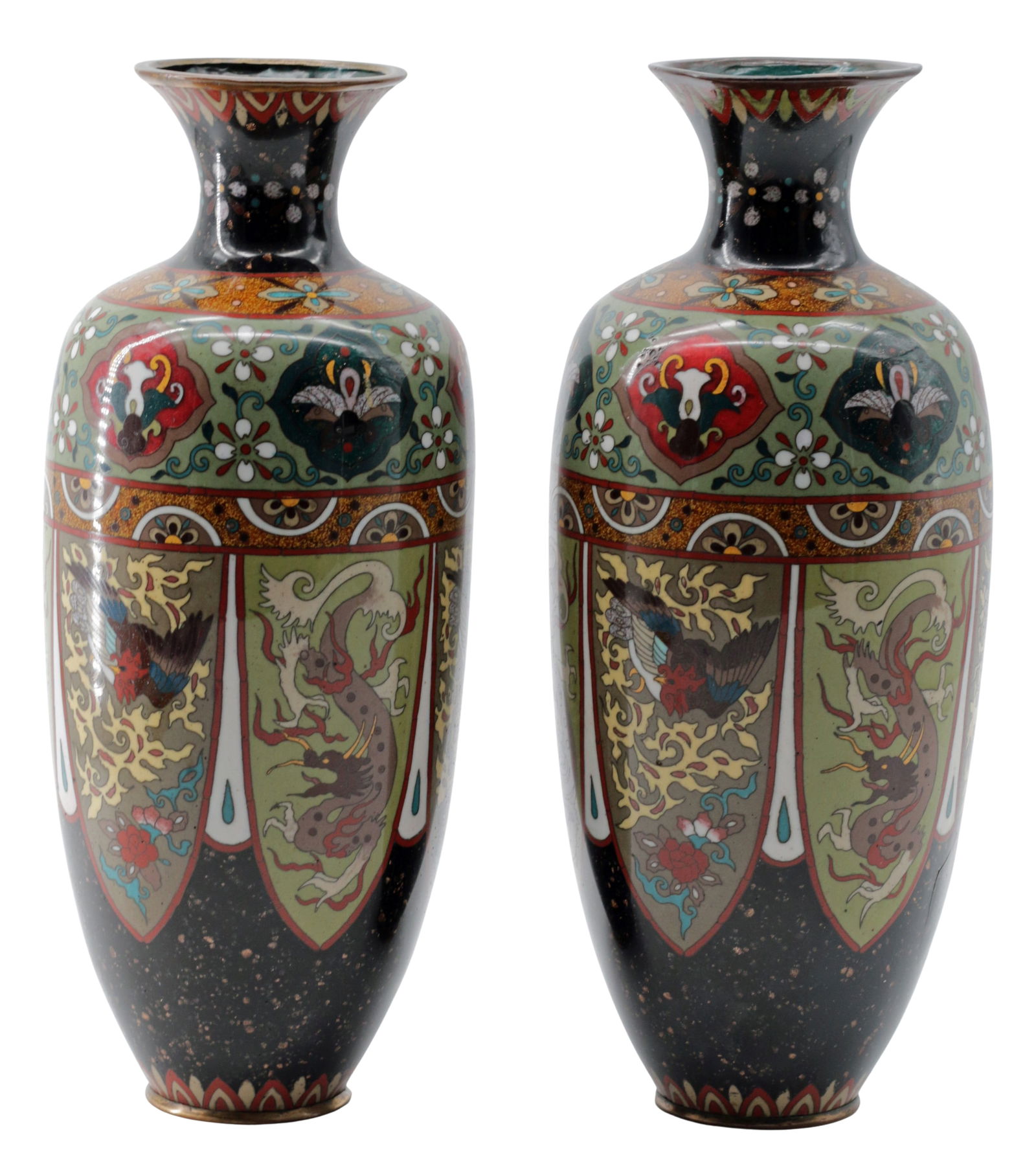 Japanese Cloisonne Enamel Vase Pair, Meiji Period Style with Dragon and Phoenix: Identification Pair of Japanese cloisonne enamel vases on copper, decorated with dragons and phoenixes within shaped cartouches on a dark ground with aventurine or goldstone effect. The decorative pro