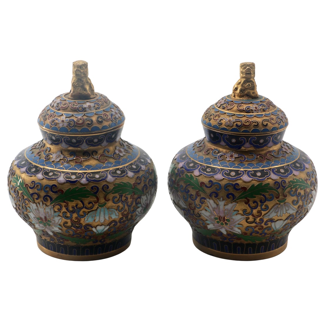 Chinese Cloisonne Lidded Jars with Foo Dog Finials - Matched Pair (1 of 6)