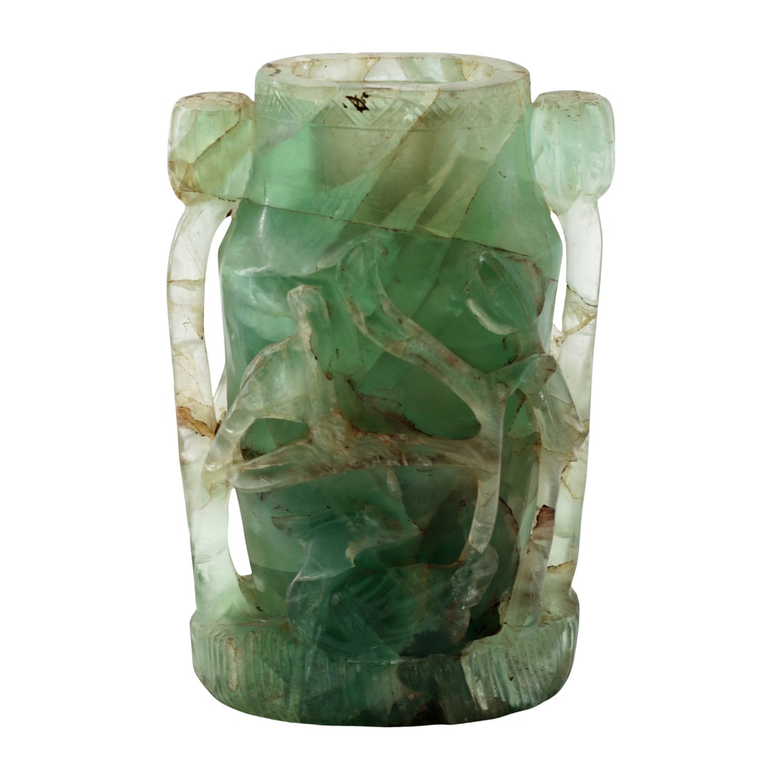 Chinese Carved Fluorite Vase with Lotus and Bird Motif: Identification Chinese carved fluorite vase, likely late Qing to Republic period (c. 1880-1930), worked in high relief with lotus blossoms, leaves, and birds among scrolling stems. The translucent sto