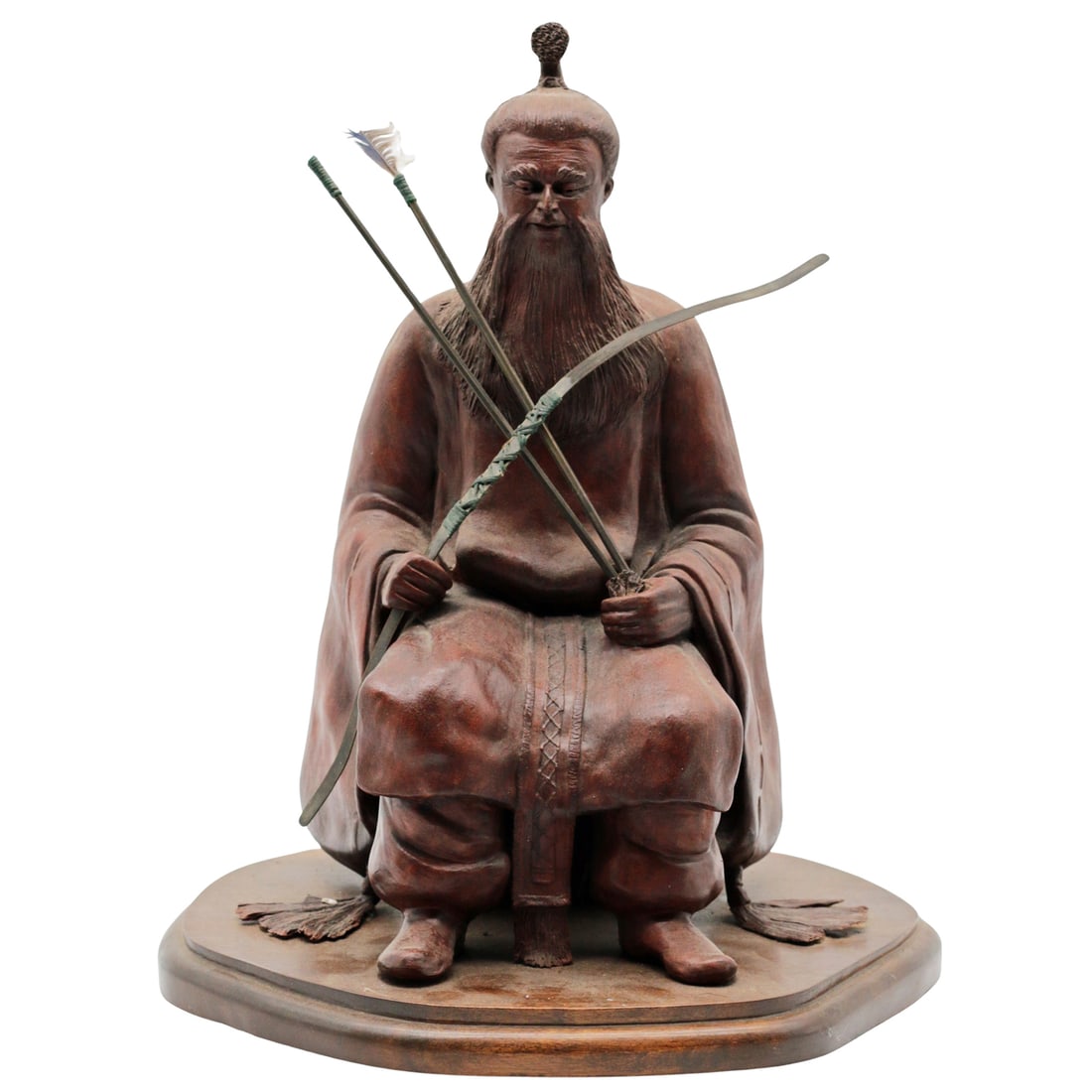 Meredith Rambo - Seated Archer / Royal Guard Ceramic Sculpture: Identification Signed ceramic sculpture by Meredith Rambo (1952 - 2024), depicting a seated archer or royal guard figure in an East Asian inspired style. The work features a dark, bronze-like patinate