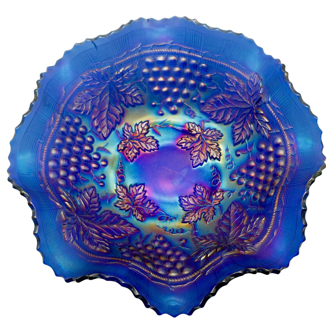 Northwood Carnival Glass Bowl - Grape and Cable Pattern, Blue: Identification Northwood Glass Company carnival glass bowl in the Grape and Cable pattern, pressed glass with iridescent finish in rich blue coloration. Early 20th century American production, display
