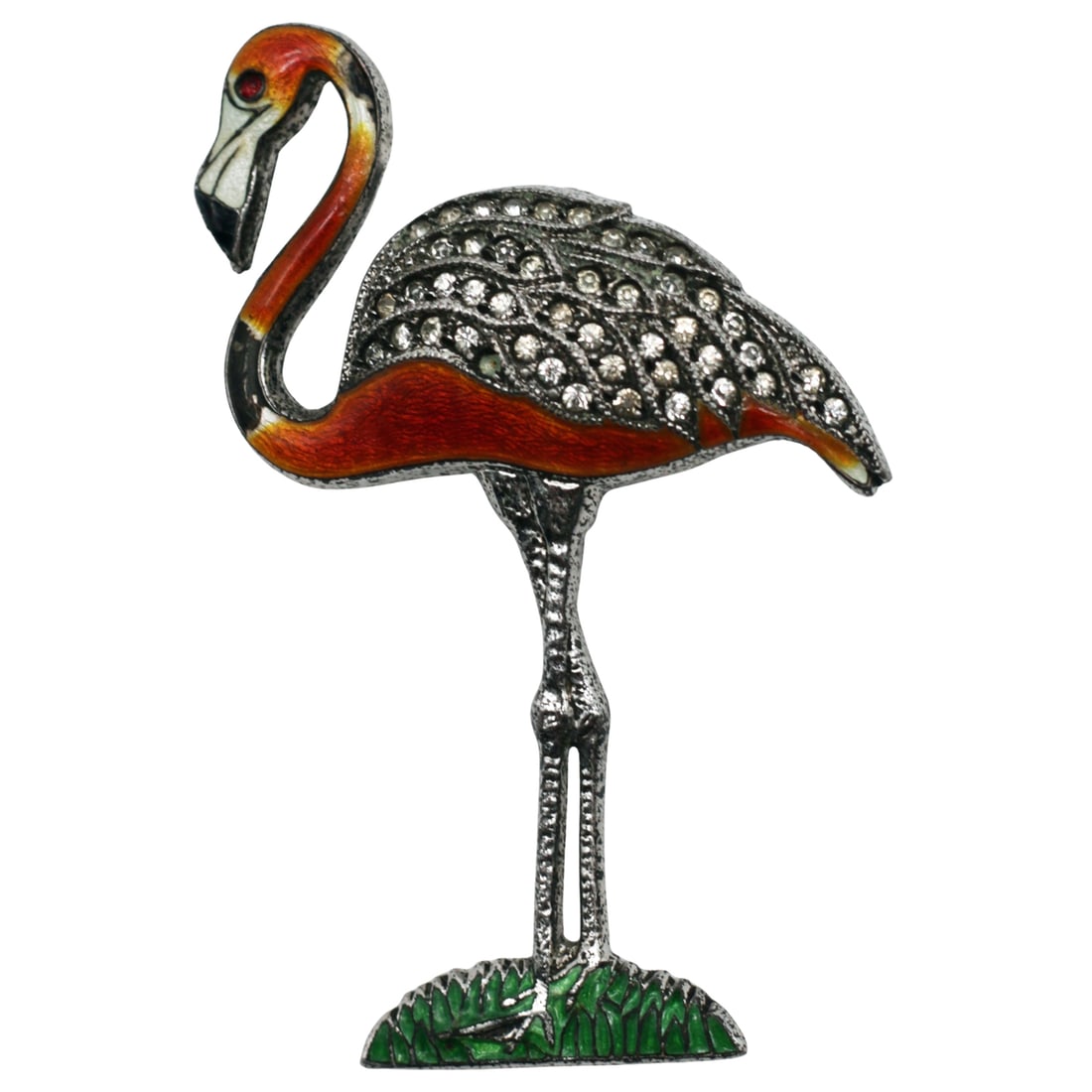 Sterling Enamel Flamingo Brooch Uncas: Identification American sterling silver and enamel flamingo brooch by Uncas Manufacturing Company, Providence, Rhode Island, mid-20th century, circa 1940s-1950s. The brooch is executed as a stylized f