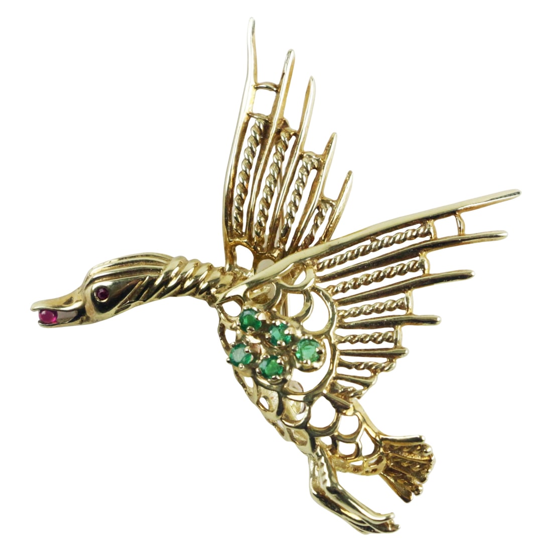 14K Gold Bird-in-Flight Brooch with Emerald Cluster and Ruby Accents (1 of 3)