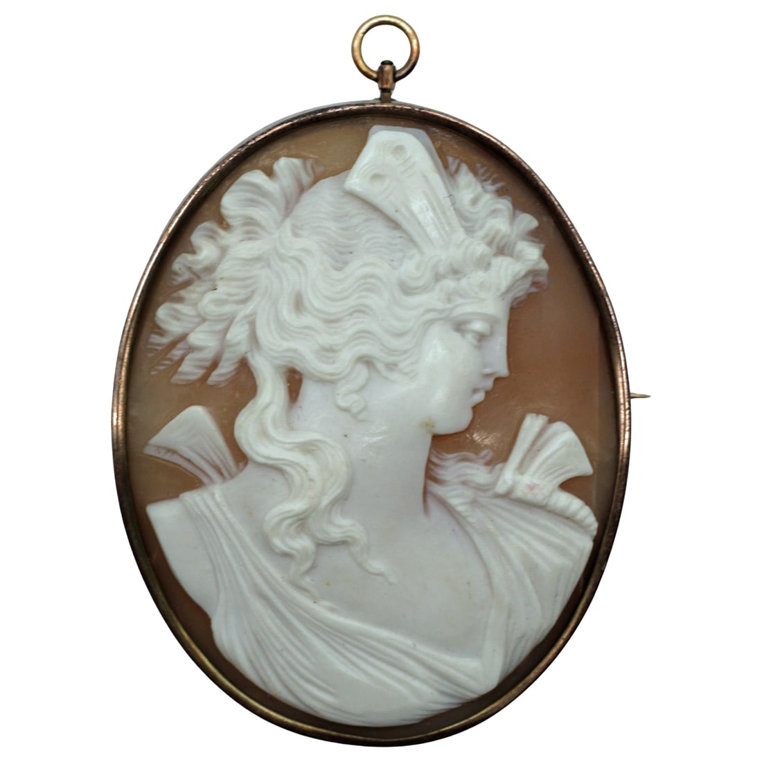 Large Victorian Shell Cameo Brooch Pendant, Diana Artemis, Gilt Copper Mount: Identification Antique Victorian shell cameo brooch pendant depicting a classical female profile, likely Diana or Artemis, identifiable by the quiver-like fletching behind the shoulder. Hand carved