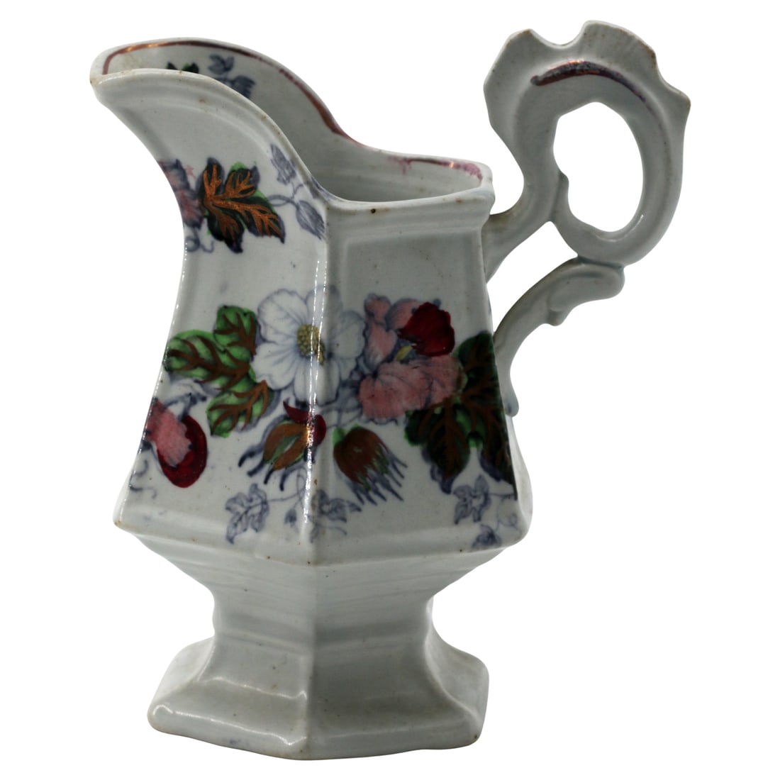 English Polychrome Transferware Pitcher with Cockscomb Handle (1 of 5)