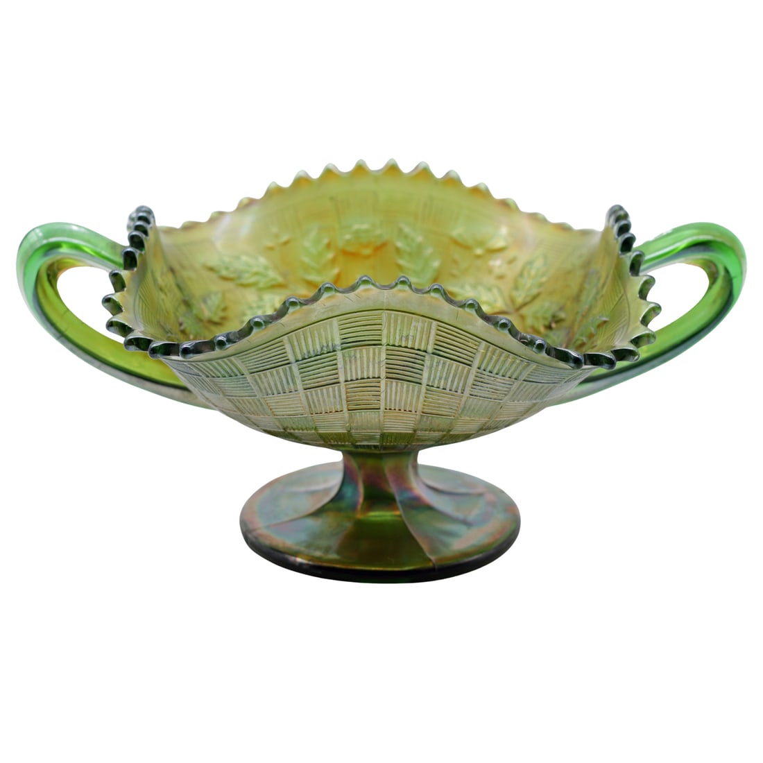 Northwood Fruits and Flowers Green Carnival Glass Compote (1 of 8)
