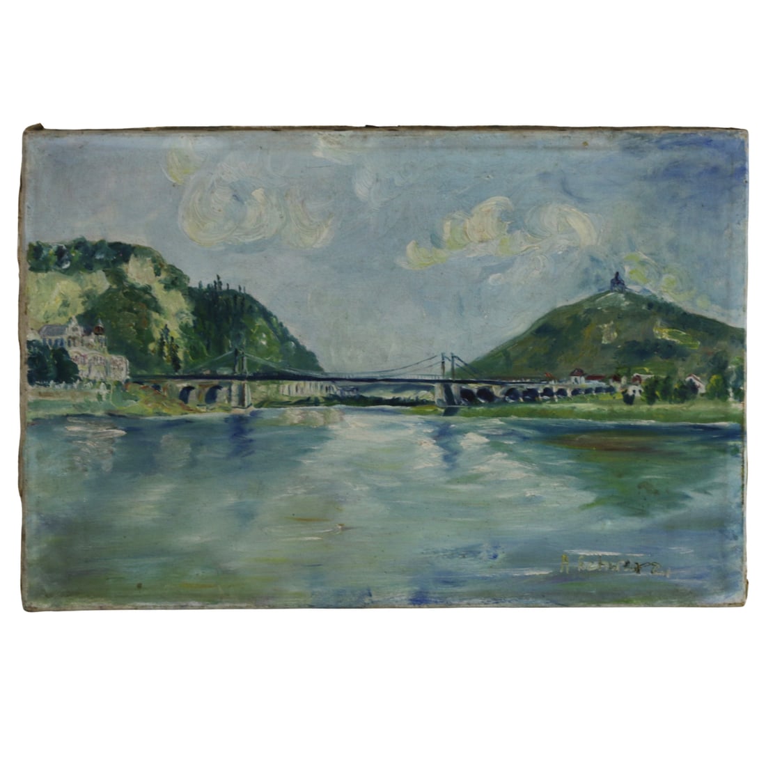 Post-Impressionist Riverscape with Bridge - Signed A. Schwarz: Identification Post Impressionist riverscape painting signed "A. Schwarz" at lower right, 20th century. Oil on canvas, framed. The work presents an atmospheric river landscape with expressive brushwor