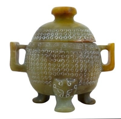 A Chinese celadon jade tripod censer with cover (1 of 4)