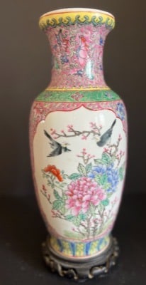 A chinese famille rose vase with birds and peonies: Chinese Famille rose vase decorated with birds and peonies.