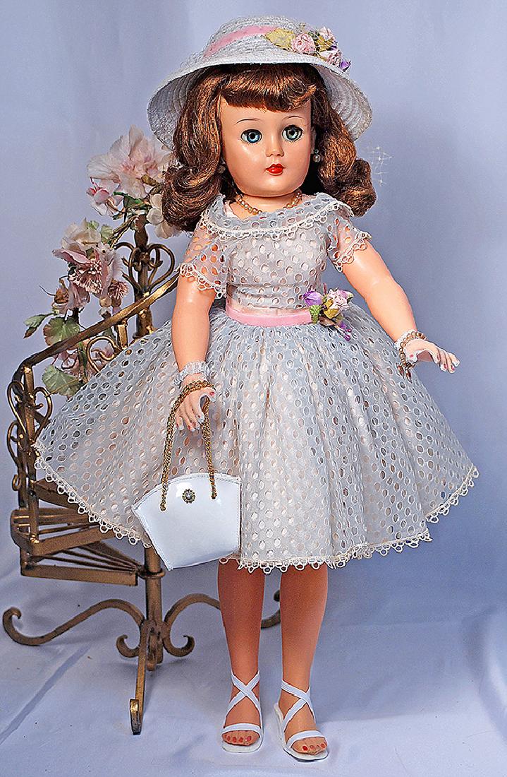 111. IDEAL MISS REVLON IN PALE BLUE DRESS. Marks:: 111. IDEAL MISS REVLON IN PALE BLUE DRESS. Marks: Ideal Doll VT - 22. 22". Vinyl socket head on five-piece jointed body, blue sleep eyes, ruby lips, rooted light brown hair, wears pale blue nylon lace