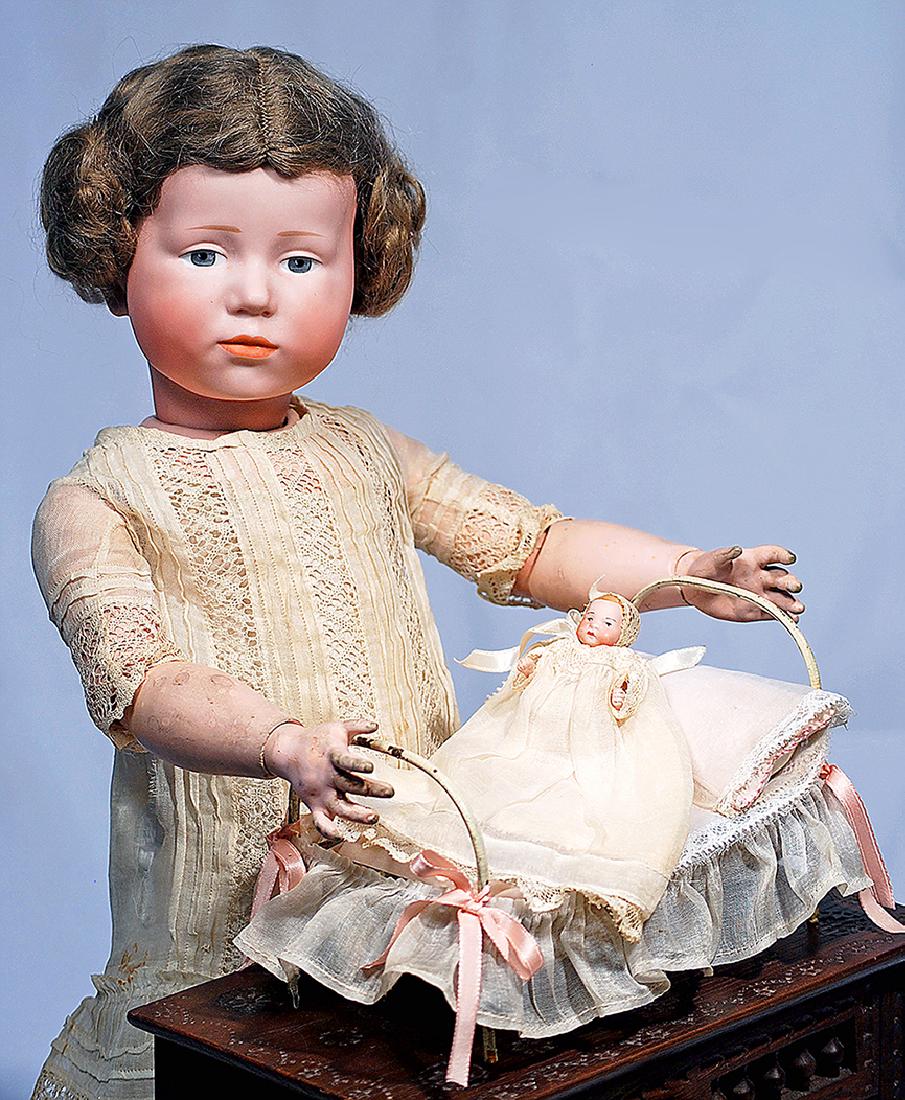 170.  MINATURE ALL-BISQUE BYE-LO INFANT IN METAL BED. (1 of 2)