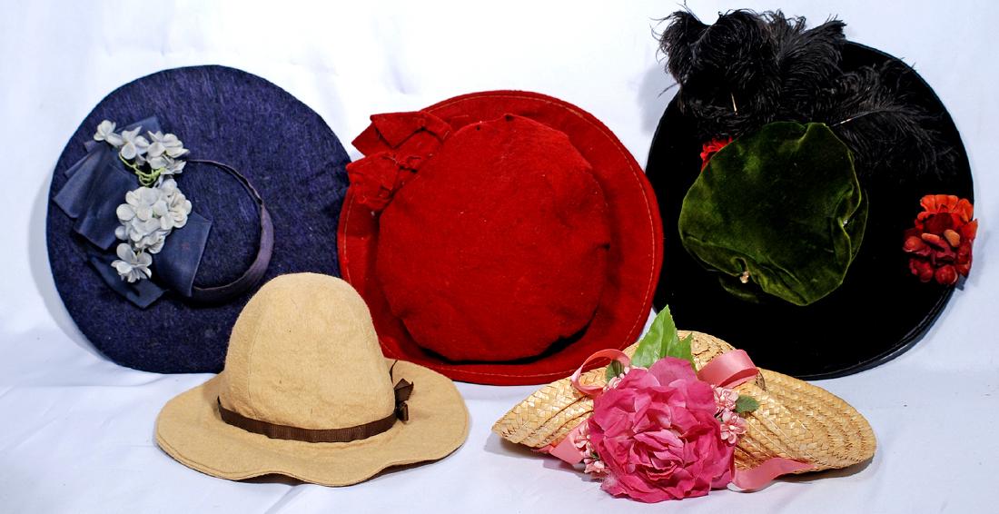 186.  FIVE DOLL BONNETS.  Includes: Dark navy wool felt (1 of 1)