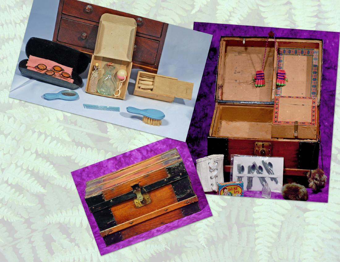273-B.  ANTIQUE WOODEN DOLL TRUNK WITH CONTENTS & DOLL (1 of 1)