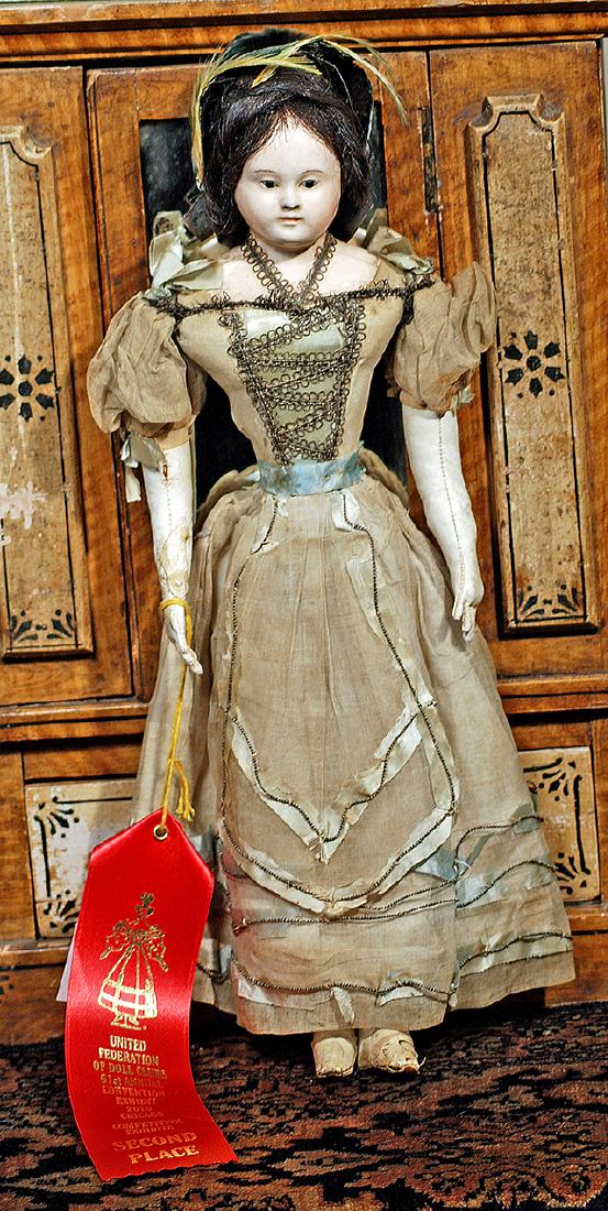 EARLY FRENCH PAPER MACHE FASHION DOLL IN ORIGINAL (1 of 2)