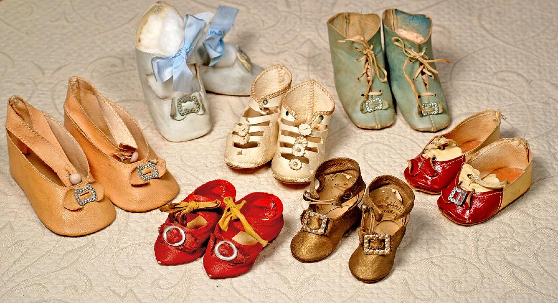 SEVEN PAIRS OF ANTIQUE DOLL SHOES.  2 ½" to 3" lengths; (1 of 1)