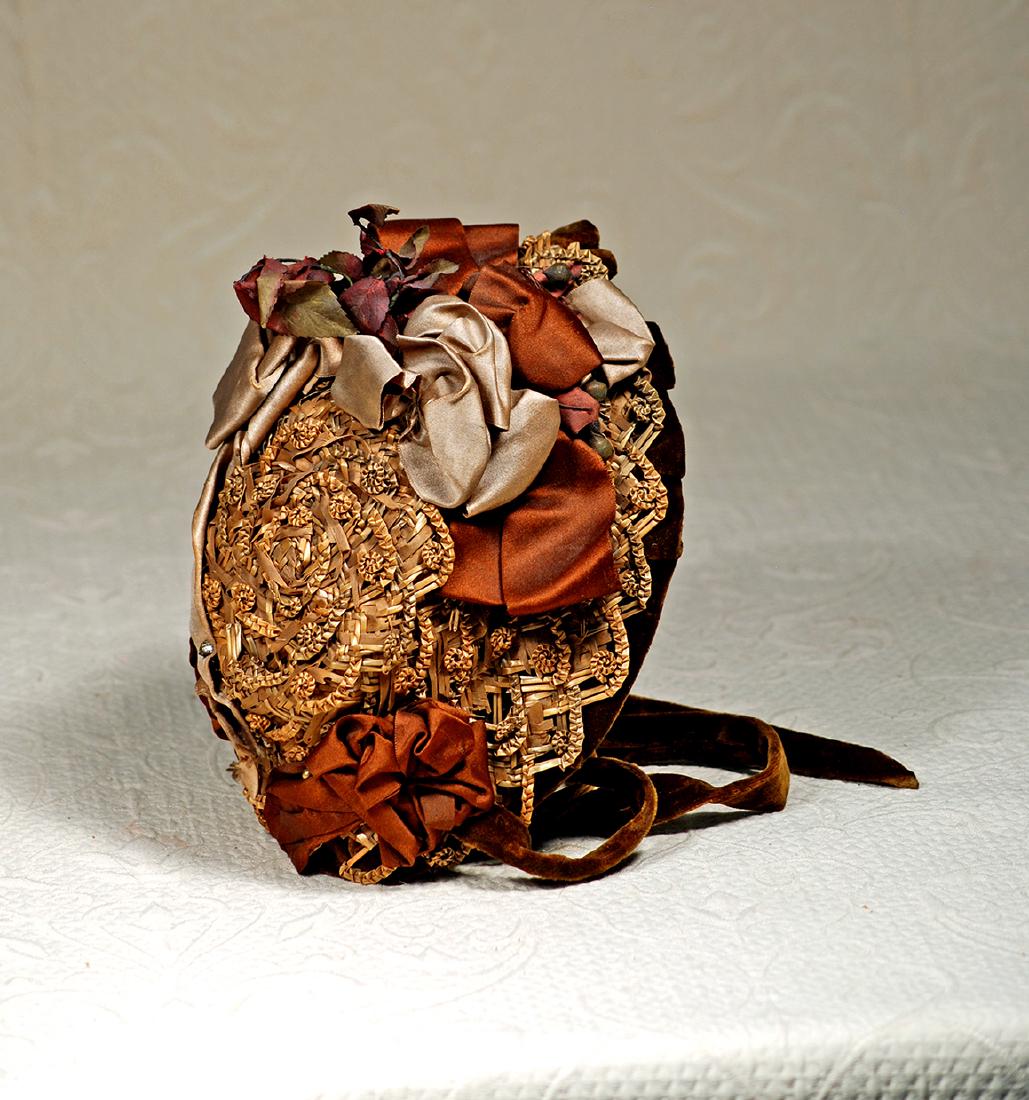 ANTIQUE STRAW AND VELVET BONNET.  4"-4 ½" inside cap (1 of 1)