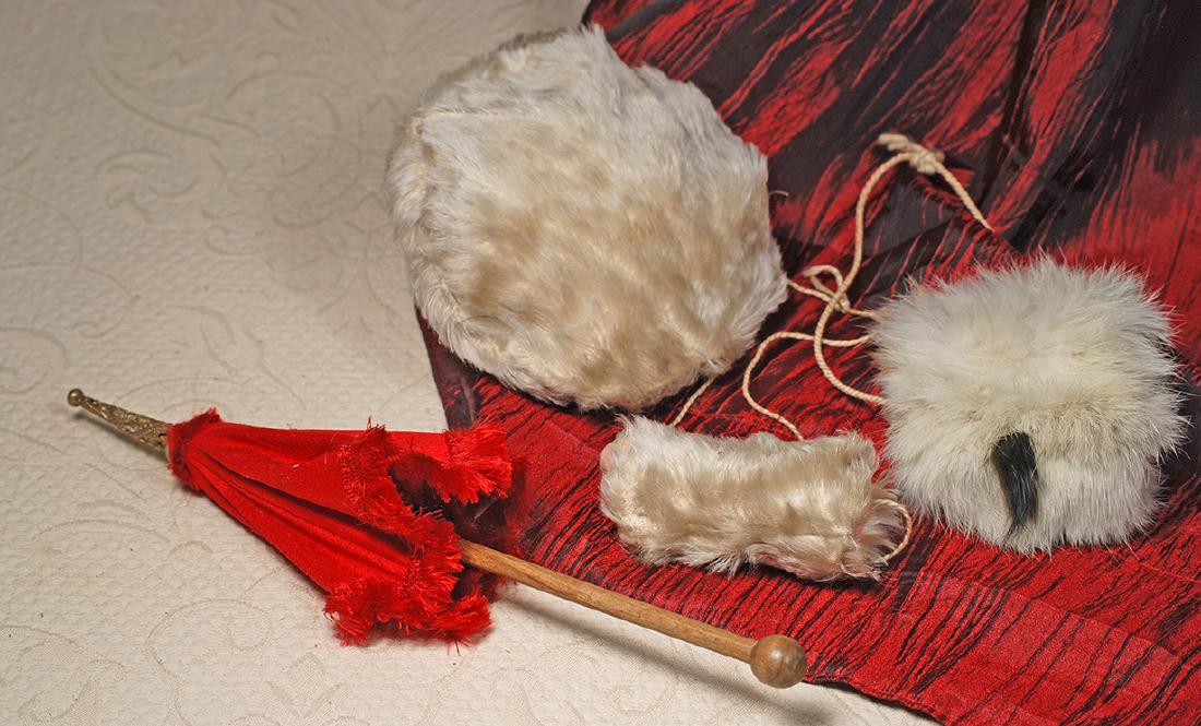DOLL’S HAT, MUFFS & PARASOL.  Includes: Fur hat and (1 of 1)