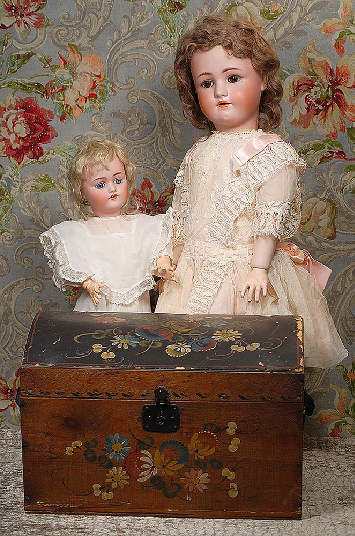ANTIQUE TOLE PAINTED WOODEN DOLL TRUNK 16" W. x 9" H. x (1 of 3)