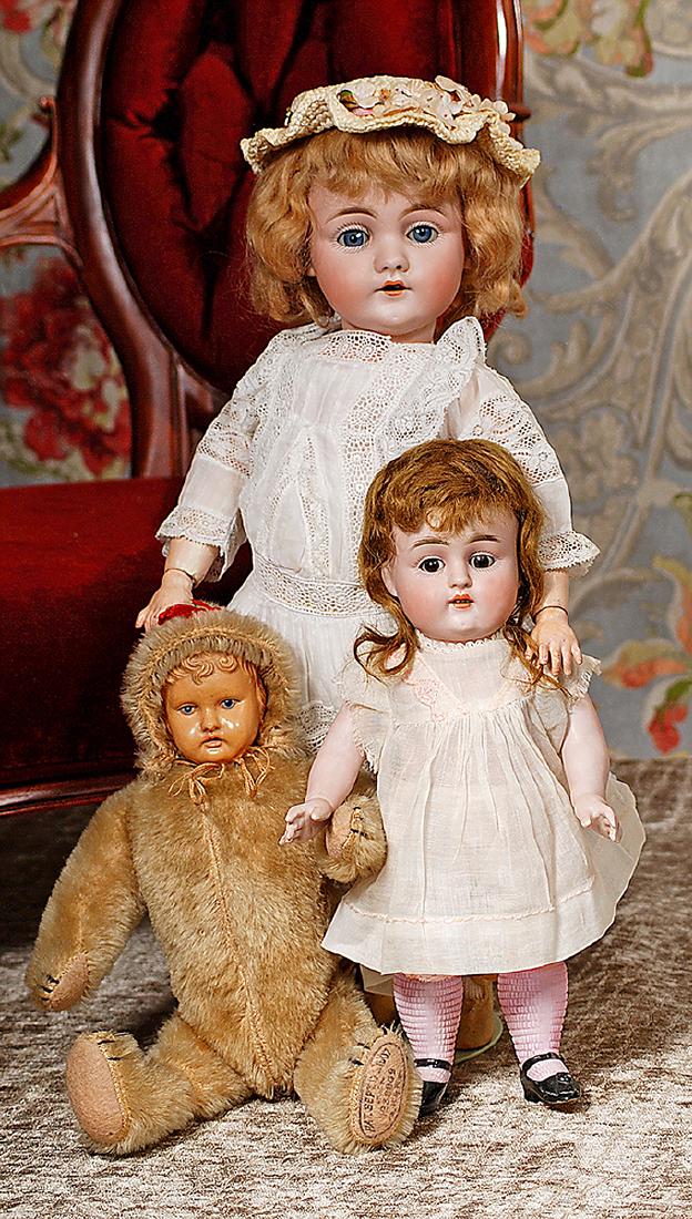 GERMAN BISQUE CHARACTER, 143, BY KESTNER Marks: Made in: GERMAN BISQUE CHARACTER, 143, BY KESTNER Marks: Made in Germany 143 16" Bisque socket head, blue sleep eyes, painted lashes, feathered brows, open mouth, accented lips, two upper teeth, blonde mohair 