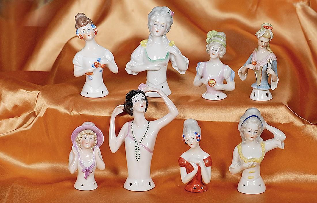 NINE GERMAN PORCELAIN HALF DOLLS 2 ¾" to 4 ½" Each is (1 of 1)