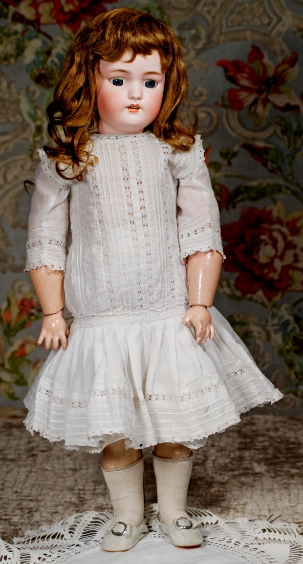 GERMAN BISQUE DOLL BY SIMON & HALBIG: GERMAN BISQUE DOLL BY SIMON & HALBIG. Marks: S & H 1078 dep. 20 inches. Bisque socket head, stationary set blue glass eyes, painted lower lashes, feathered brows, pierced ears, open mouth, shaded and 