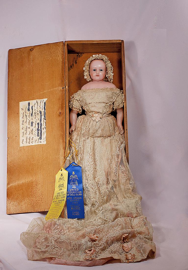 67. ENGLISH POURED WAX DOLL, ALL-ORIGINAL IN WOODEN (1 of 3)