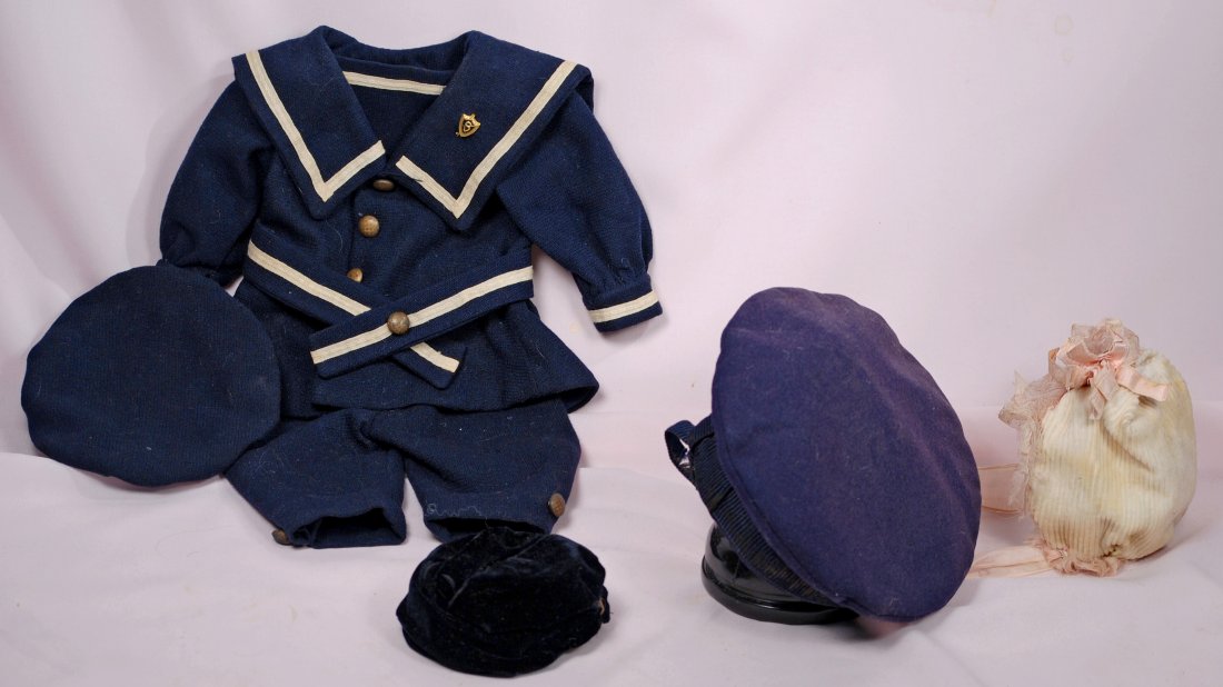 278-B. THREE DOLL BONNETS AND MARINER COSTUME. (1 of 1)