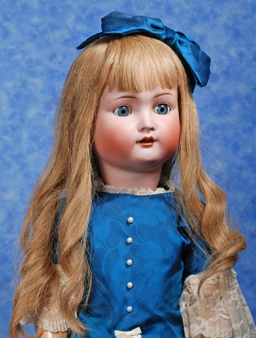 181. GERMAN BISQUE CHILD BY SIMON & HALBIG FOR A.: 181. GERMAN BISQUE CHILD BY SIMON & HALBIG FOR A. HULSS. Marks: AHW, Simon & Halbig 176. 26”. Bisque socket head, blue sleep eyes, painted lashes, feathered brows, pierced ears, open mouth, acce