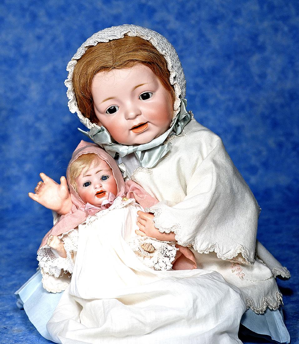 225. TWO GERMAN BISQUE CHARACTER BABIES. Each is socket: 225. TWO GERMAN BISQUE CHARACTER BABIES. Each is socket head with sleep eyes, painted lashes, feathered brows, open mouth, accented and shaded lips, tongue, two lower teeth, composition bent-limb baby