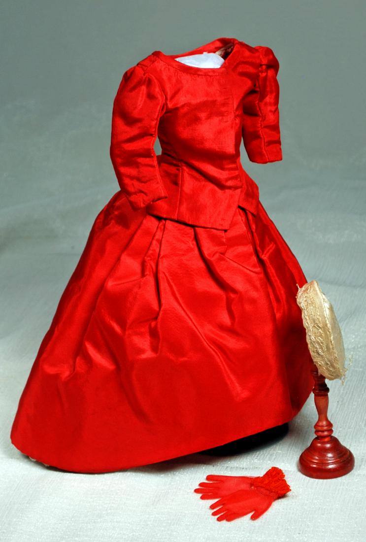 88. RED SILK FASHION GOWN WITH BONNET AND GLOVES. (1 of 1)