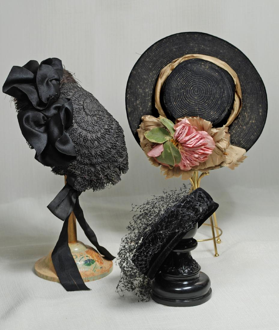 123. THREE DOLL BONNETS. Black hemp braid bonnet with (1 of 1)
