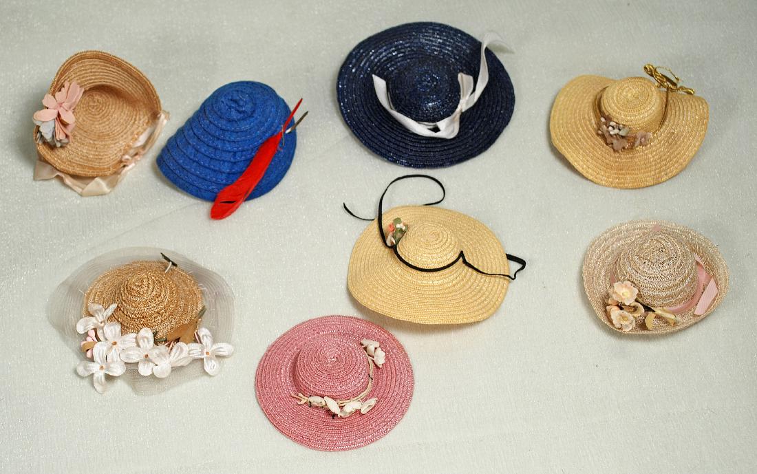146. EIGHT SMALL DOLL STRAW BONNETS. Assorted colors, (1 of 1)