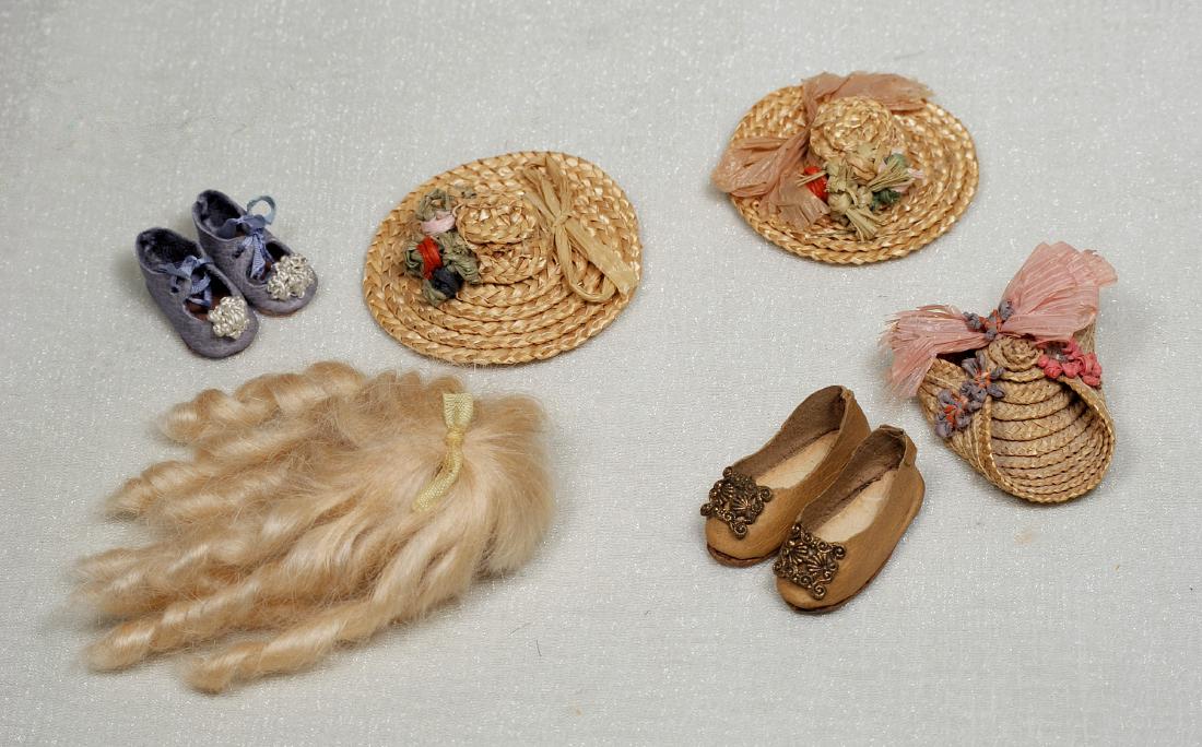 191. TINY DOLL BONNETS, SHOES AND MOHAIR WIG. Three (1 of 1)