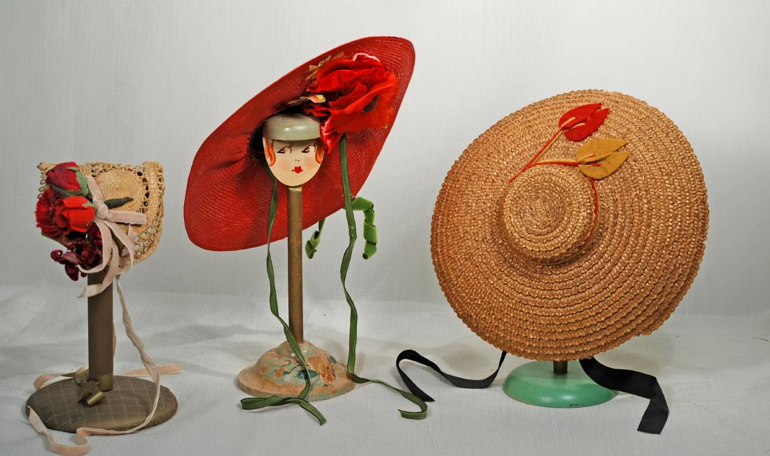 199. THREE STRAW DOLL BONNETS. Natural straw bonnet (1 of 1)
