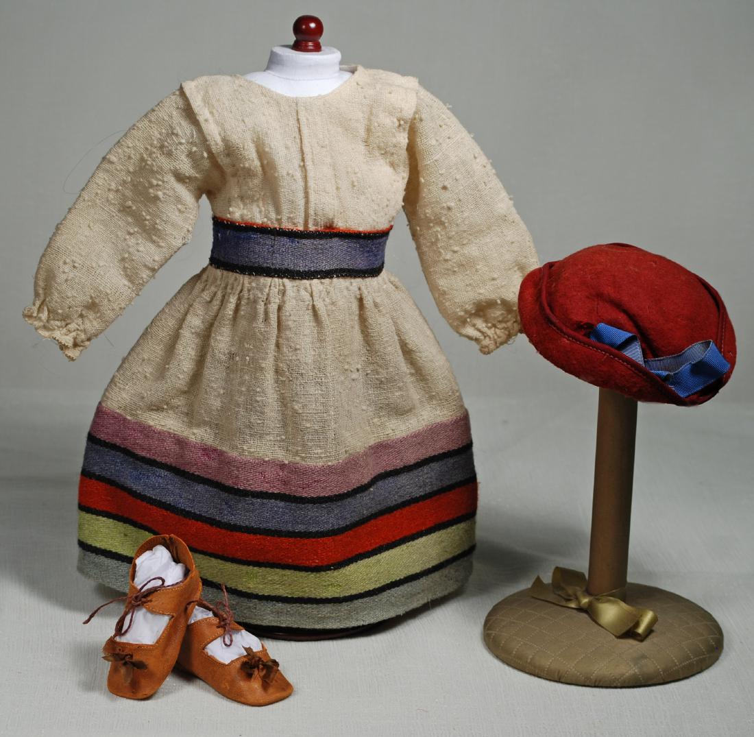 226. DOLL DRESS, HAT & SHOES. Tan cotton dress with (1 of 1)