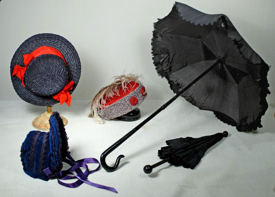 THREE DOLL BONNETS & TWO SILK PARASOLS. (1 of 1)