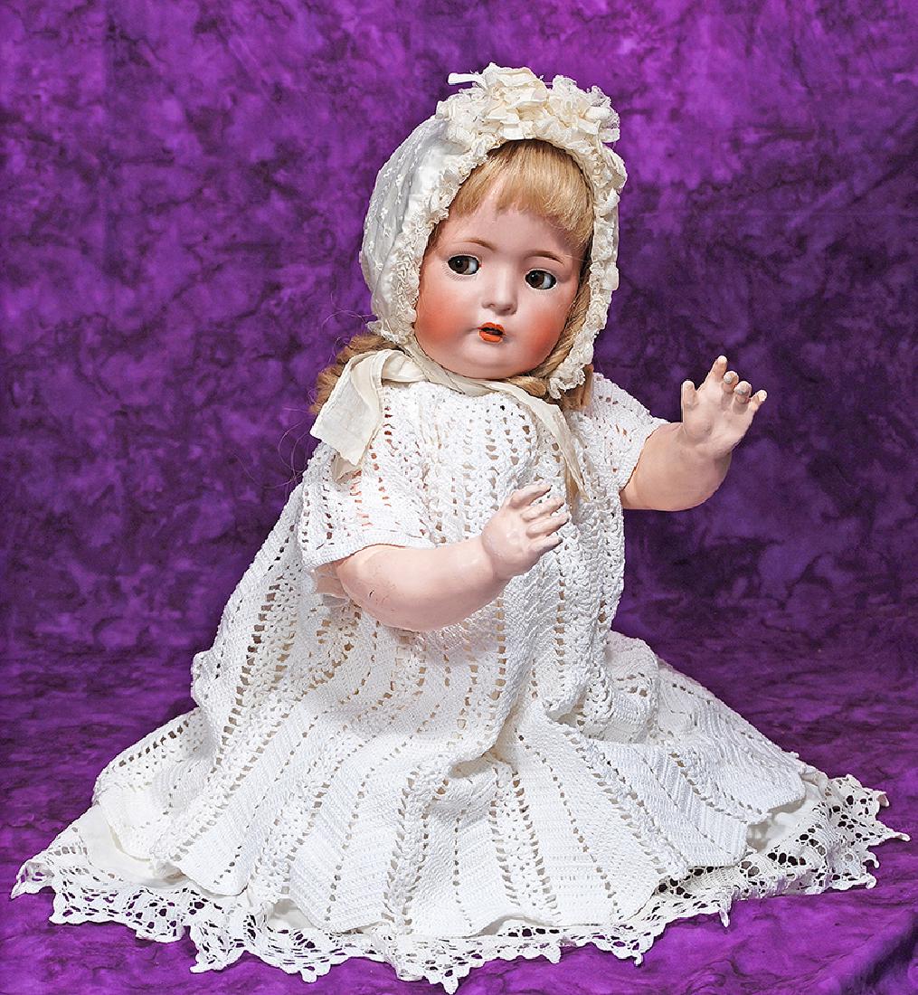 119. FLIRTY-EYED GERMAN BISQUE BABY BY BRUNO SCHMIDT.: 119. FLIRTY-EYED GERMAN BISQUE BABY BY BRUNO SCHMIDT. Marks: BSW 2097. 22”. Bisque socket head, brown side-glancing and sleep eyes, painted lashes, feathered brows, open mouth, accented lips, to