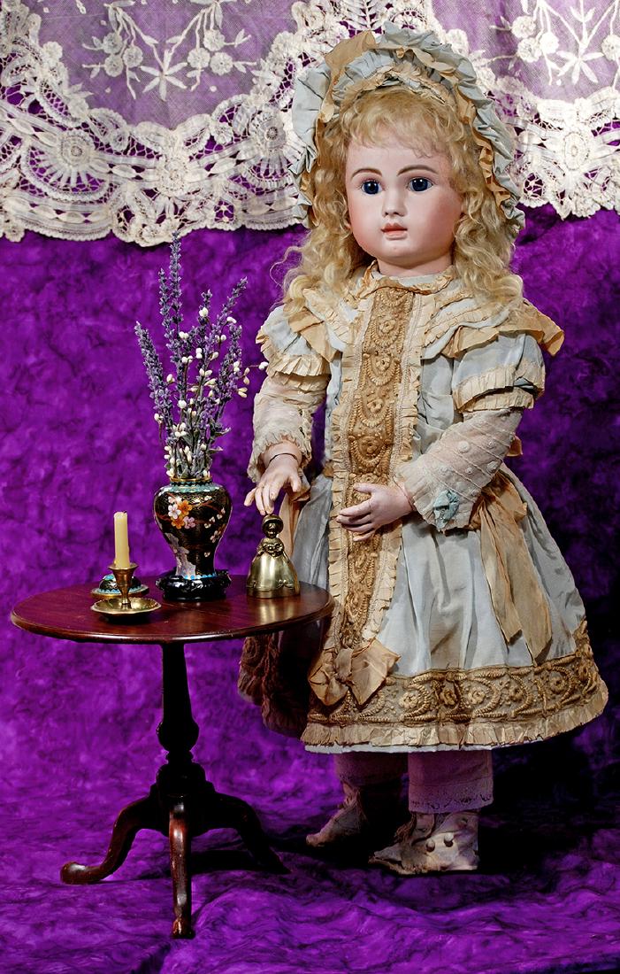 174. DOLL-SIZED WOODEN PEDESTAL TABLE WITH ACCESSORY: 174. DOLL-SIZED WOODEN PEDESTAL TABLE WITH ACCESSORY ITEMS. 11" H. x 11 ½" W. Dark walnut round wooden table with pedestal base; accessories include Cloisonne vase, brass candle holder and figura
