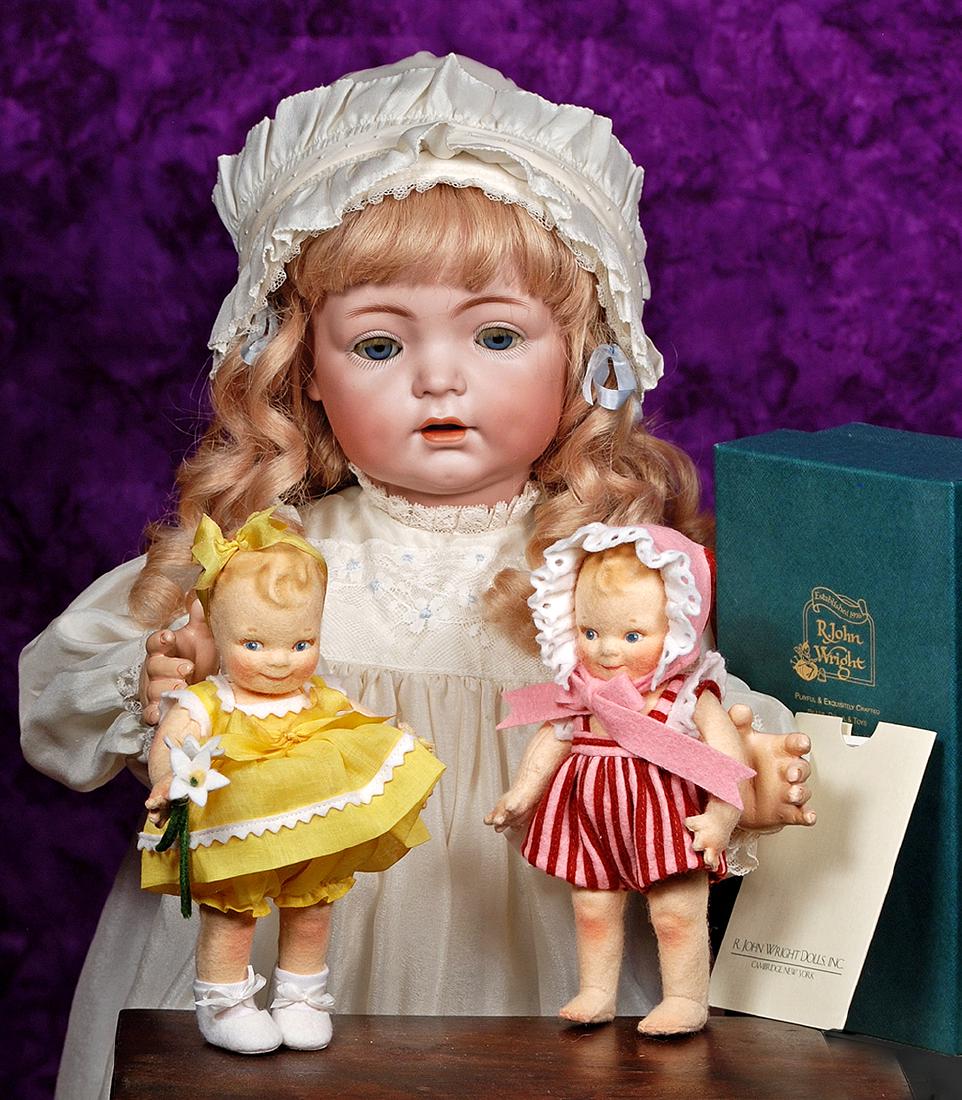 205. R. JOHN WRIGHT "SUNSHINE SCOOTLES" & "PEPPERMINT: 205. R. JOHN WRIGHT "SUNSHINE SCOOTLES" & "PEPPERMINT SCOOTLES. 6" and 6 ½". Each has pressed felt head with painted hair, blue side- glancing eyes, swivel head, jointed arms and legs. Sunshine S