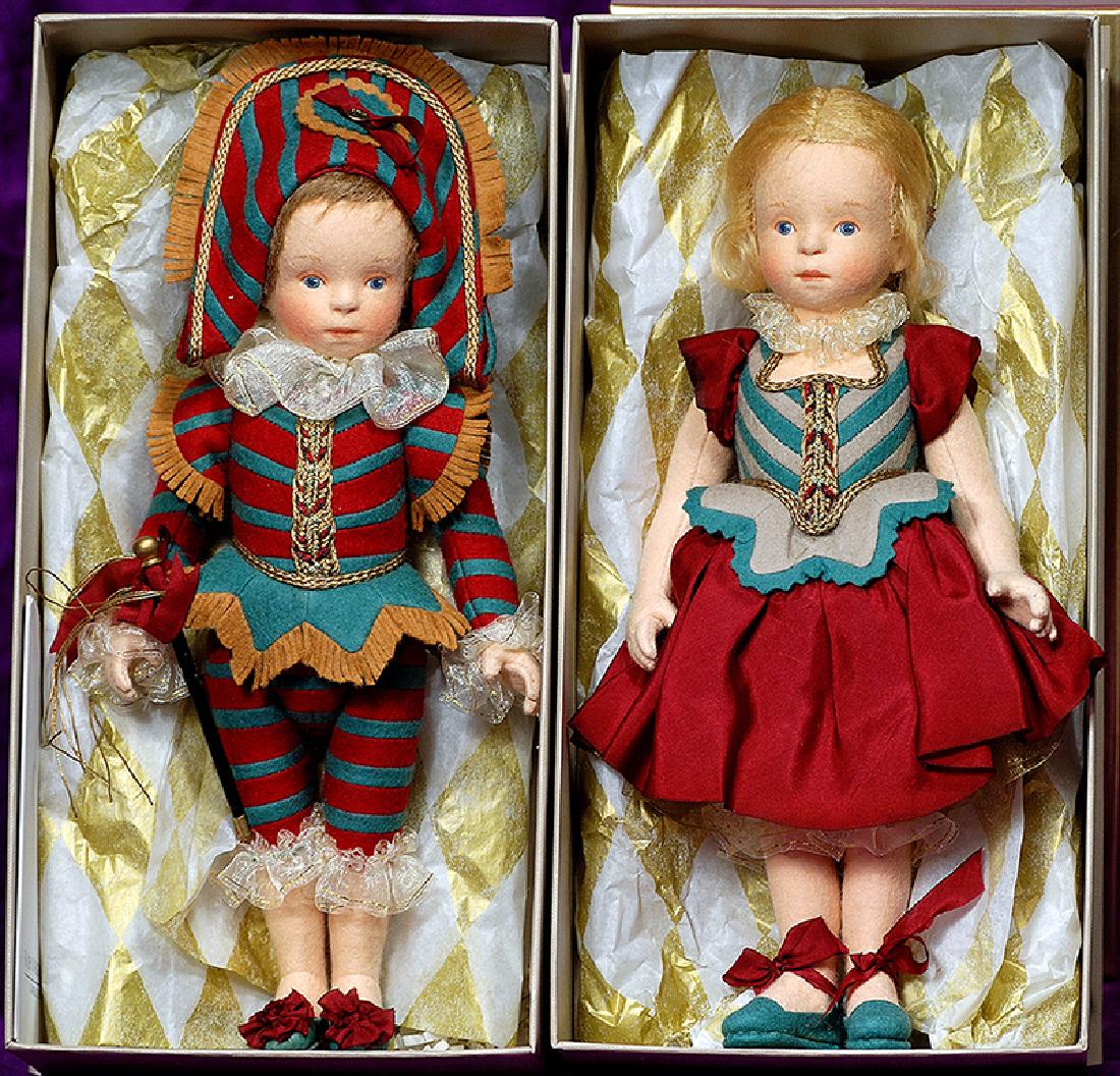 209. R. JOHN WRIGHT “MUSETTE & MONTAGUE" CANDY: 209. R. JOHN WRIGHT “MUSETTE & MONTAGUE" CANDY CONTAINER EXCLUSIVES. 12". Each all-felt, fully-jointed, painted features, blue eyes, closed mouth, blonde mohair wig, felt and silk costume, felt 