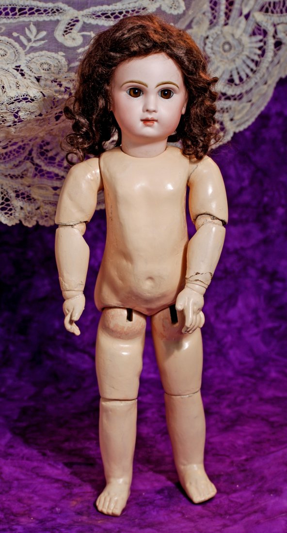 234. FRENCH BISQUE BEBE BY JUEMAU. Marks: Tete Jumeau: 234. FRENCH BISQUE BEBE BY JUEMAU. Marks: Tete Jumeau Bte SGDG 8. 18”. Bisque socket head, brown paperweight eyes, painted lashes, feathered and brushstroked brows, closed mouth, shaded and acce