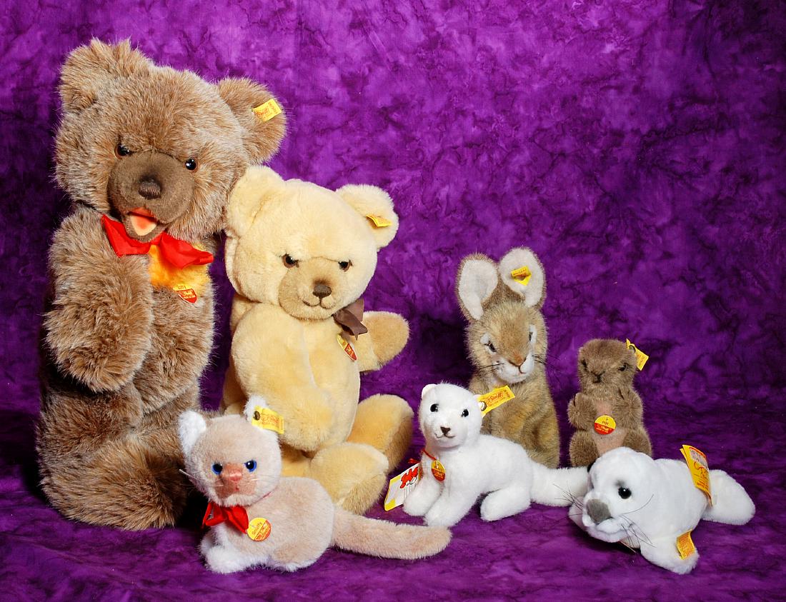 258. SEVEN STEIFF PLUSH BEARS & ANIMALS. Each with tags: 258. SEVEN STEIFF PLUSH BEARS & ANIMALS. Each with tags and ear button. Excellent condition.