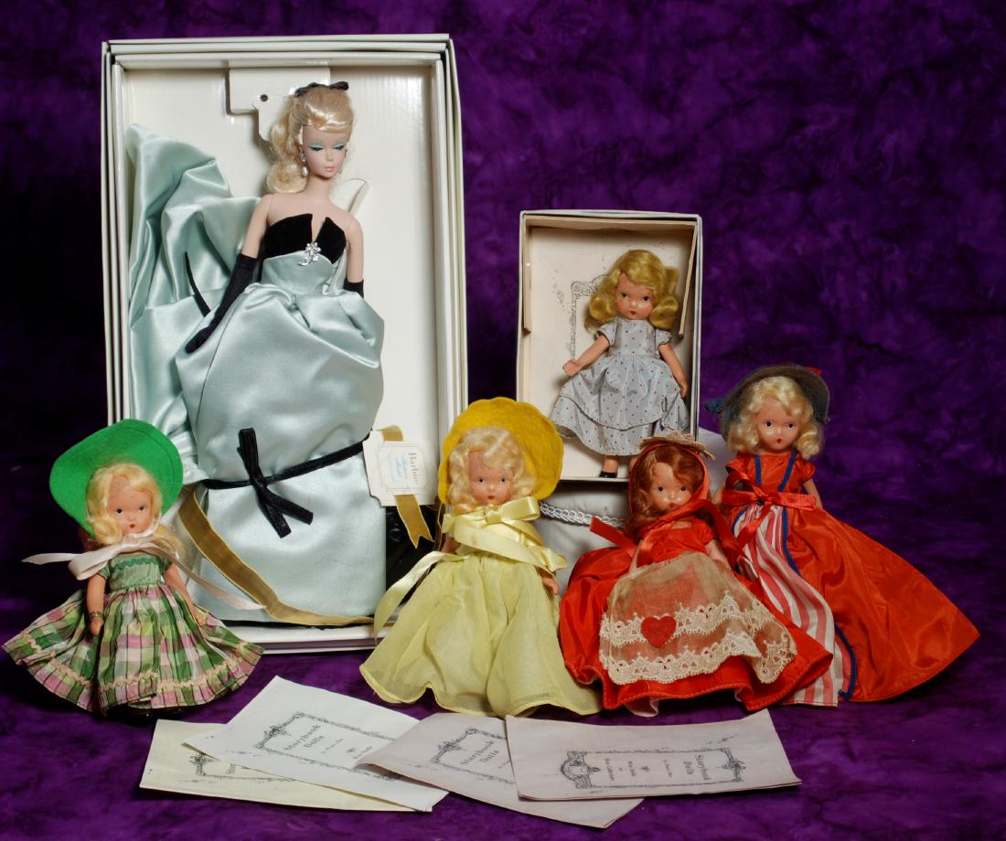 263. BARBIE SILKSTONE DOLL “LISETTE” & FIVE: 263. BARBIE SILKSTONE DOLL “LISETTE” & FIVE NANCY ANN STORYBOOK DOLLS. Barbie Ltd. Edition in 2000, mint-in-box. Five all-bisque Nancy Ann Storybook dolls with book four booklets, one in o