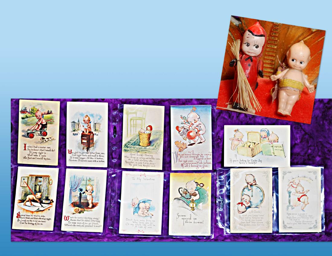 275. KEWPIE POSTCARDS & TWO MINIATURE KEWPIES. Eleven: 275. KEWPIE POSTCARDS & TWO MINIATURE KEWPIES. Eleven antique Kewpie postcards, four by Gartner & Bender, one Klever Kard, three Gibson, four O’Neill. Plus 2 ½” celluloid Kewpie as re