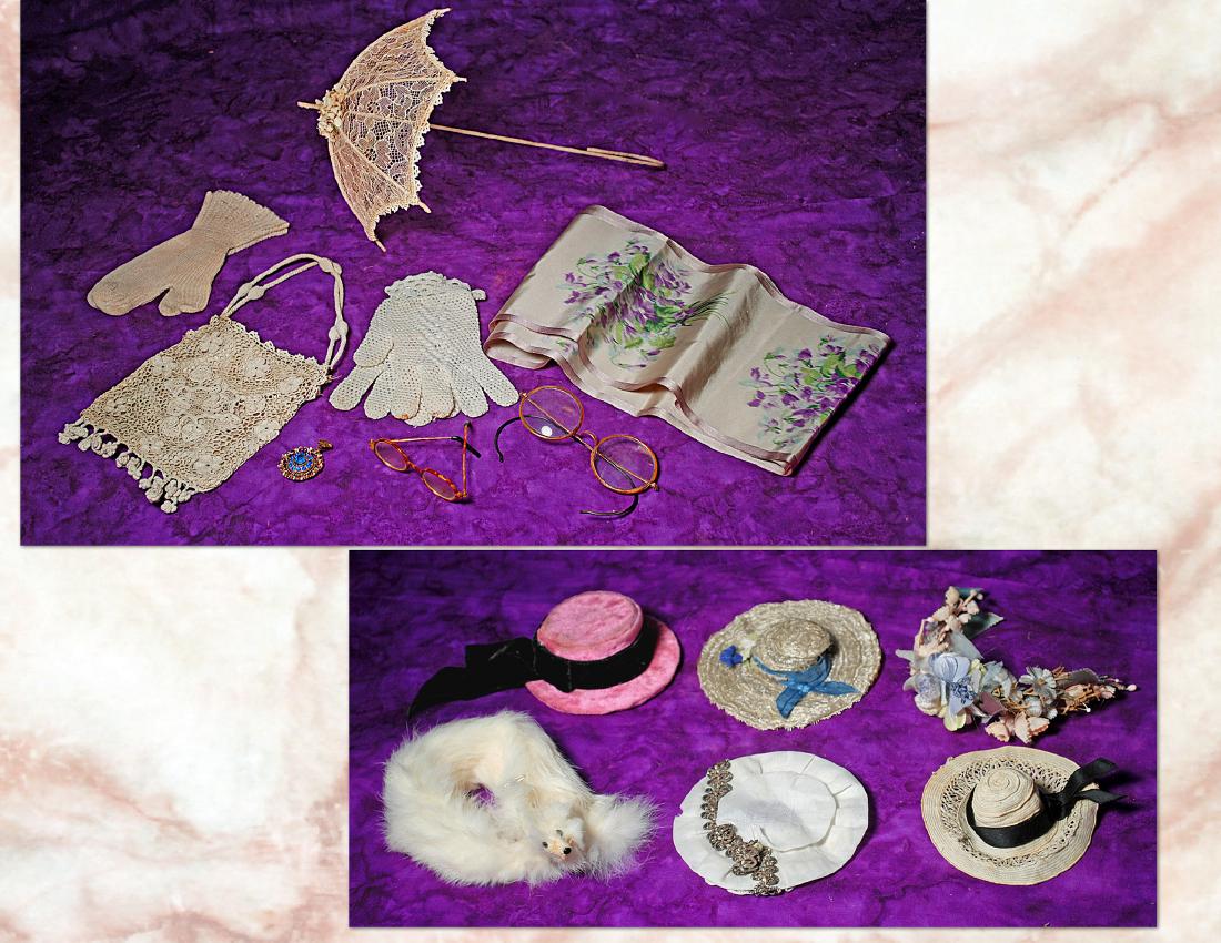 288. DOLL ACCESSORY GROUP. Includes: Four assorted: 288. DOLL ACCESSORY GROUP. Includes: Four assorted small hats, floral coronet, white faux fur stole, 5” x 6” crocheted purse, pair of child size gloves and mittens, 11 ½” L. lac
