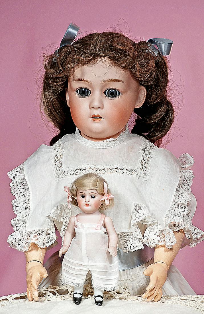 67. GERMAN ALL-BISQUE DOLL, 150, BY KESTNER. Marks:: 67. GERMAN ALL-BISQUE DOLL, 150, BY KESTNER. Marks: 150. 5”. Jointed at shoulders and hips, brown sleep eyes, painted lashes, tapered brows, open mouth, square-cut upper teeth, original blonde mohai